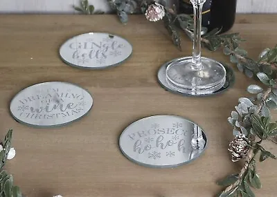 Christmas Mirrored Glass Coaster Set 4pc Decoration Home Decor Decorative Xmas • £5.99