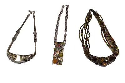 $25 • Buy Vintage Lot 3 Beautiful Choker Necklaces Beaded & Multi Faux Stones Fall Tones!