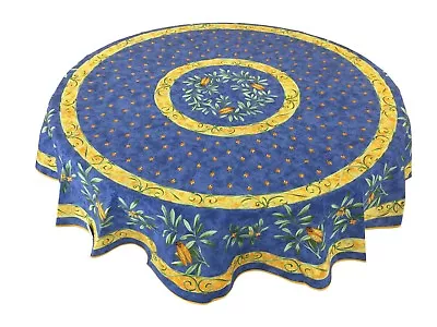 French Provencal Cotton Tablecloth Cicada Blue Round 71  Made In France • $61.25