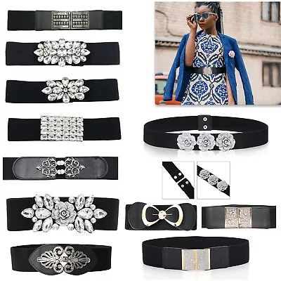 Black Ladies Womens Elastic Waist Belt With Shiny Diamante Buckle For Party Wear • £4.79