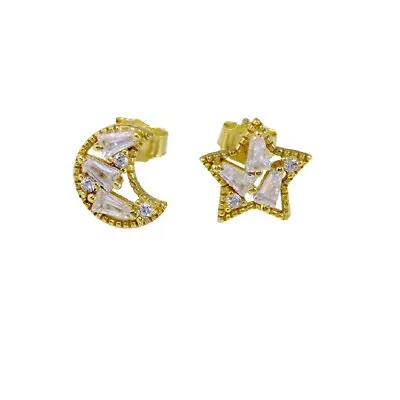 Sterling Silver Yellow Gold Plated Star And Moon Stud Earrings W/ CZ Stones • $13.99