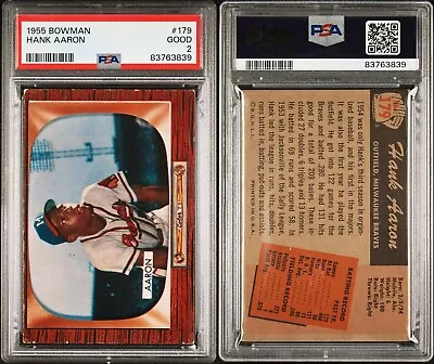 1955 BOWMAN #179 HANK AARON Braves HOF (PSA 2 GD)  **FRESHLY GRADED** • $239