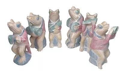 8” Jazz Band 6 Toad Frogs Wood Figurines Pastel Amphibian Vtg Indonesia • $79.20