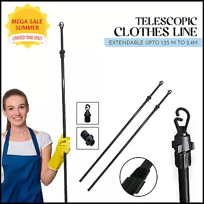 Extendable Prop Line Heavy Duty Washing Pole Telescopic Clothes Support 2.4m • £15.77