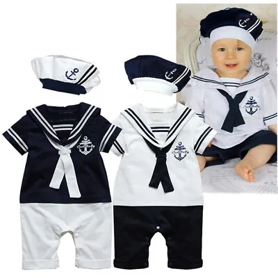 Baby Boys Sailor Navy Romper Hat Set Suit Grow Outfit Costume Clothes Outfits • £6.99
