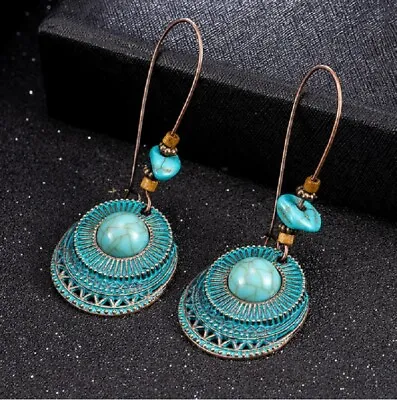 Vintage Boho Long Dangle Drop Earrings Bronze And Turquoise Colour For Women UK • £3.95