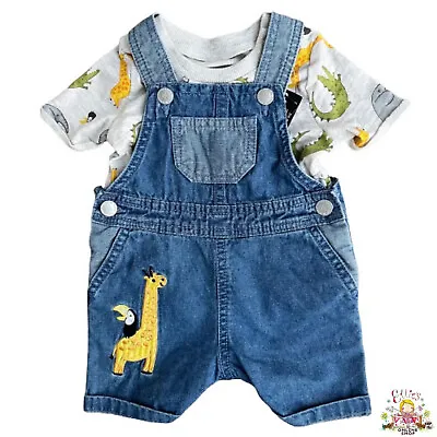 Boys Dungarees Outfit Summer Shorts Baby Kids Toddler Denim Safari Animals Jean • £7.64