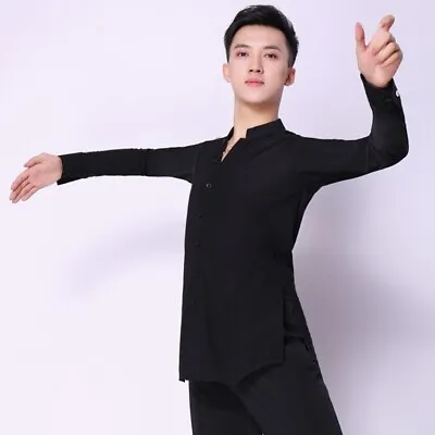 Mens Solid Latin Modern Salsa Dance Top Stretchy Long Sleeve Shirt Practice Chic • £31.84