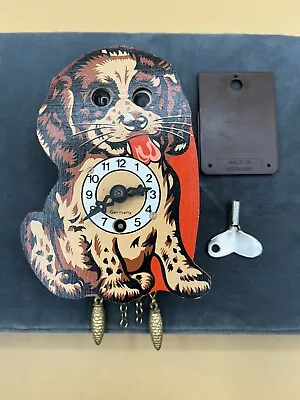 VINTAGE GERMAN PUPPY DOG MOVING EYES CLOCK With KEY Wooden Working Wind Up • $74.99