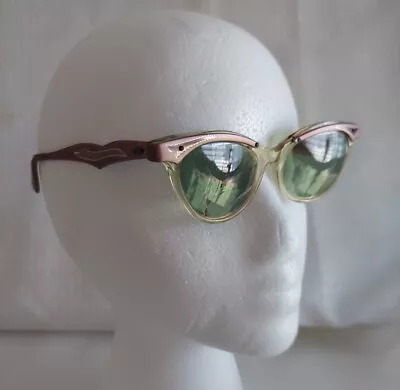 True VTG 50's Cat Eye Sunglasses Mid Century 5 1/4 Green Lenses Copper Aluminum • $25