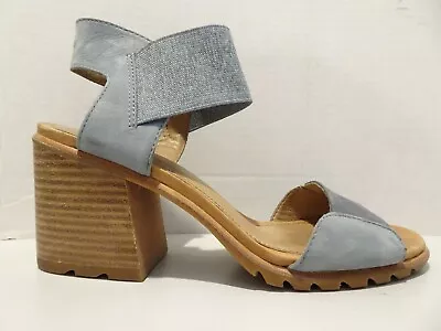 SOREL Nadia Gray Blue Brown Block Heel Sandals Heels Ankle Strap Leather Sz 8.5 • $59.99