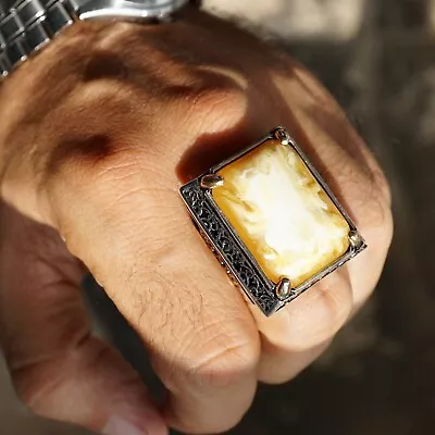 Sterling Silver Big Mens Ring Butterscotch Amber Unique Handmade Jewelry Size 13 • $181.26