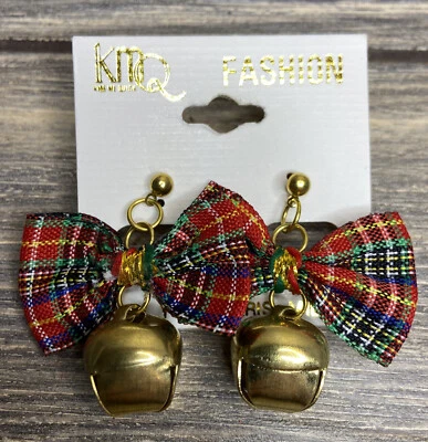 $24.99 • Buy Vtg Christmas Earrings KMQ Jingle Bells Red Green Blue Holiday Plaid 1.5”
