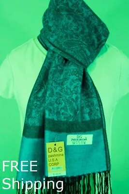 DG Pashmina Scarf Shawl Paisley Blackdark GreenBlack Cashmere Silk~Soft 027 • $11.99