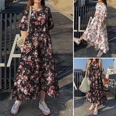 $27.06 • Buy ZANZEA Womens Summer Floral Retro Puff Short Sleeve Holiday Oversized Maxi Dress