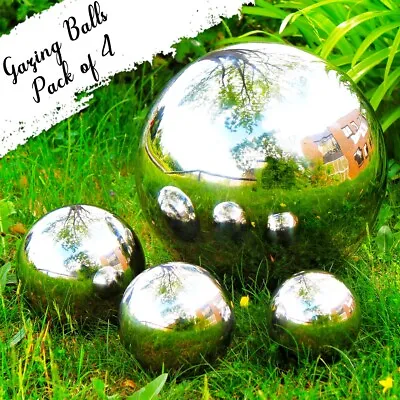 Gazing Balls Mirror Garden Spheres Set Of 4 Silver Stainless Steel Gazing Balls • £17.99