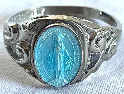 Vintage Sterling Silver Enamel Miraculous Mary Adjustable Ring    - Free Ship • $67.50