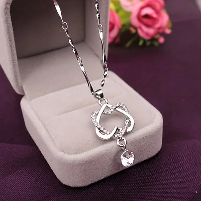 Women Crystal Double Heart Pendant Necklace Silver Plated Jewelry Wife MOM Gifts • $1.76