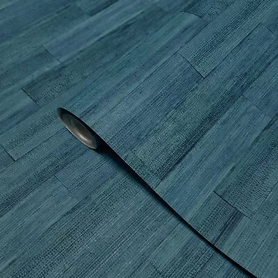 Teal Navy Blue Heavy Vinyl Faux Husky Banana Textured Striped Wallpaper Modern • $4.40