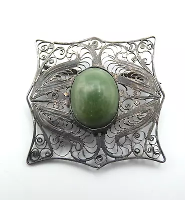 Vintage Antique Sterling Silver Wire Filigree Brooch Aventurine Cabochon Artisan • $44.99