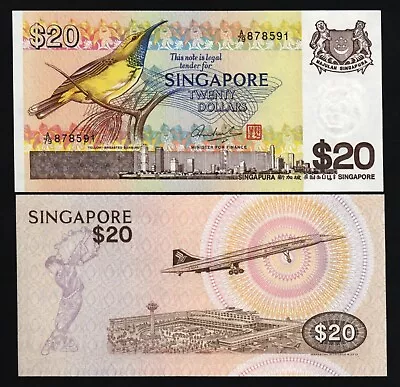 Singapore 20 DOLLAR P-12 1979  Concorde  BIRD Series UNC Singaporean Money NOTE • $59.99