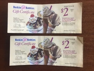 (2)Vintage 2002 Baskin-Robbins Ice Cream Gift Certificate Coupon $2.00 FREE SHIP • $11.99