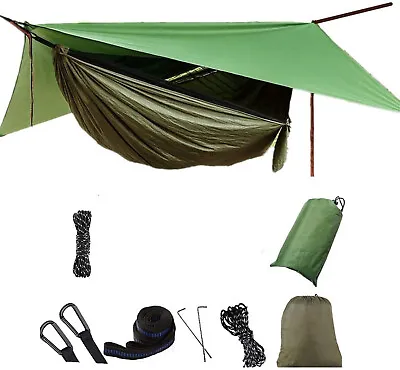 Double Person Camping Hammock With Mosquito Net + Rain Cover Tent Tarp • £18.79