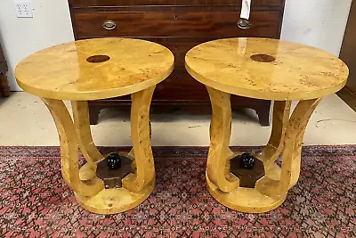 Pair Of Burled Birds Eye Maple Art Deco Round Side Tables • $1295