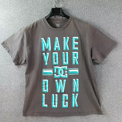 DC Shirt Mens Extra Large Gray Turquoise Blue Graphic Script Make Your Own Luck • $10