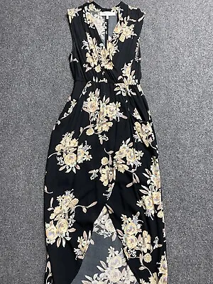 £26.41 • Buy ASTR The Label Black Floral V Neck Open Slit Back Pockets High Low Dress Size XS