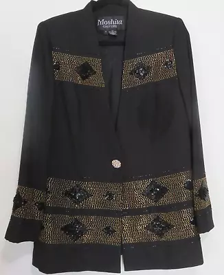 Moshita Couture Women's Black Pant Suit Gold  Black Beads Rhinestones Size 8 • $98
