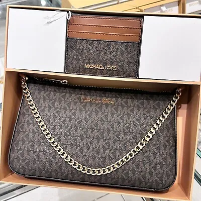Michael Kors Giftable Boxed Items Set Pochette Crossbody Bag + Card Wallet Brown • $105.95