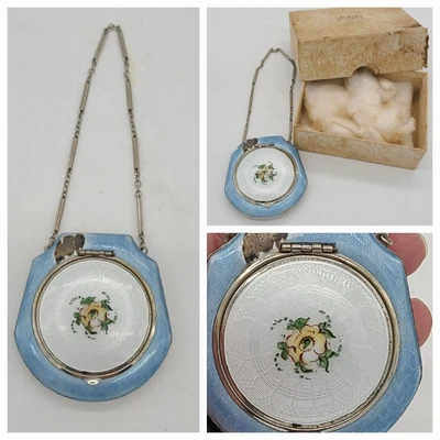 £121.68 • Buy Antique Art Deco Guilloche Enamel Compact Silver Chain Wristlet Dance Purse 