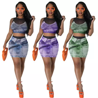 2023 New Fashion Women Mesh Print Sleeveless Skinny Club Short Dress 2pcs • $16.50