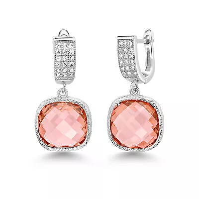 925 Silver 14.0ctw Cushion Pink Nano Morganite Dangle Earrings • $33.99