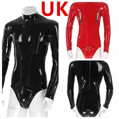 UK Men's Bodysuit Faux Leather Wet Look Open Crotch Long Sleeve Leotard Catsuit • £22.99