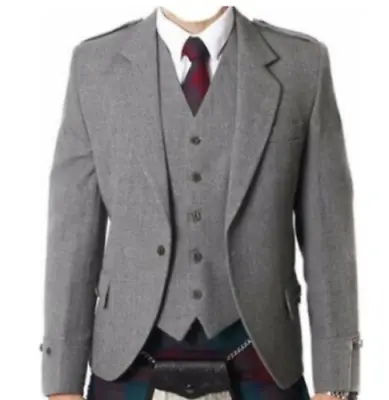 £62.99 • Buy Scottish Argyle Kilt Jacket With Waistcoat / Vest Light Grey Men Wedding Jacket