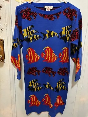 80's Vintage New Wave Dressy Tessy Fish Acrylic Sweater Dress Excellent Size 8 • $75