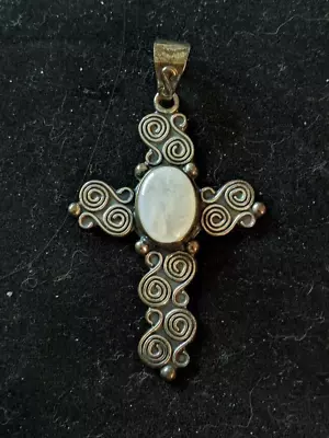  MWS  Mexico Sterling Silver Cross Pendant Mother Of Pearl 61x41mm 15.15g 925 • $49.99