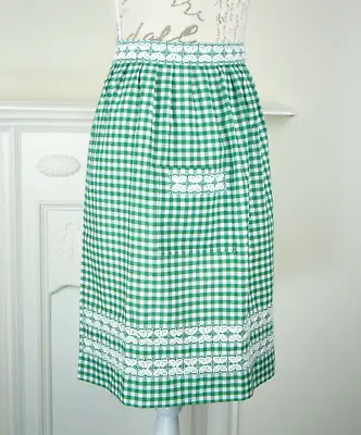 Vintage Hand Made Gingham Green White Embroidery Half Pinny Apron • £9