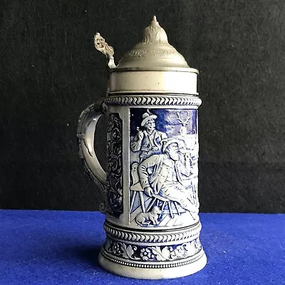 Vintage Ceramic Blue  German Beer Stein With Pewter Lid; Medium Size (9.5 In) • $38