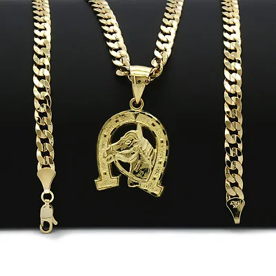 Men's 18k Gold Plated Horseshoe Hip-Hop Pendant 6mm Cuban Chain Necklace • $18.99