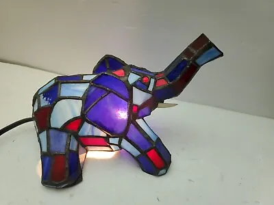 Vintage Elephant Table Lamp Tiffany Style Stained Glass Blue Desk Night Light • $64.95