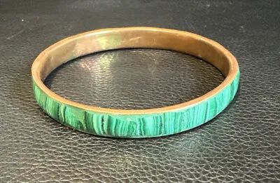 Vintage Green Malachite Gemstone Inlay Over Copper Bangle Bracelet Large Size • $15