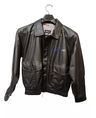 Burks Bay Black Leather Bomber Jacket With Map Liner Embossed Worldwide Jet Lg • $24.99