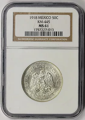 1918 Mexico Silver 50 Centavos MS 61 NGC KM-445 Estados Unidos Mexicanos • $159
