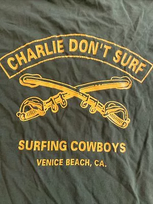 Vtg Surfing Cowboys ‘Charlie Don’t Surf’ Venice Beach CA Shirt Large Army Green • $49.99