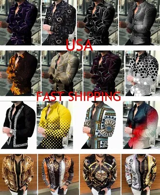 Button Down Shirts Men's Baroque Fashion Casual Long Sleeve Party Up Silky Dress • $29.86