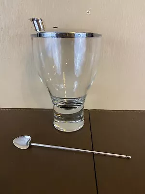 Vintage Glass Cocktail Martini Shaker W/ Silver Top & Silver Heart-Shaped Spoon • $42.50