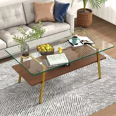 Modern Coffee Table Tempered Glass Top Gold Metal Leg Living Room Transparent • $123.99